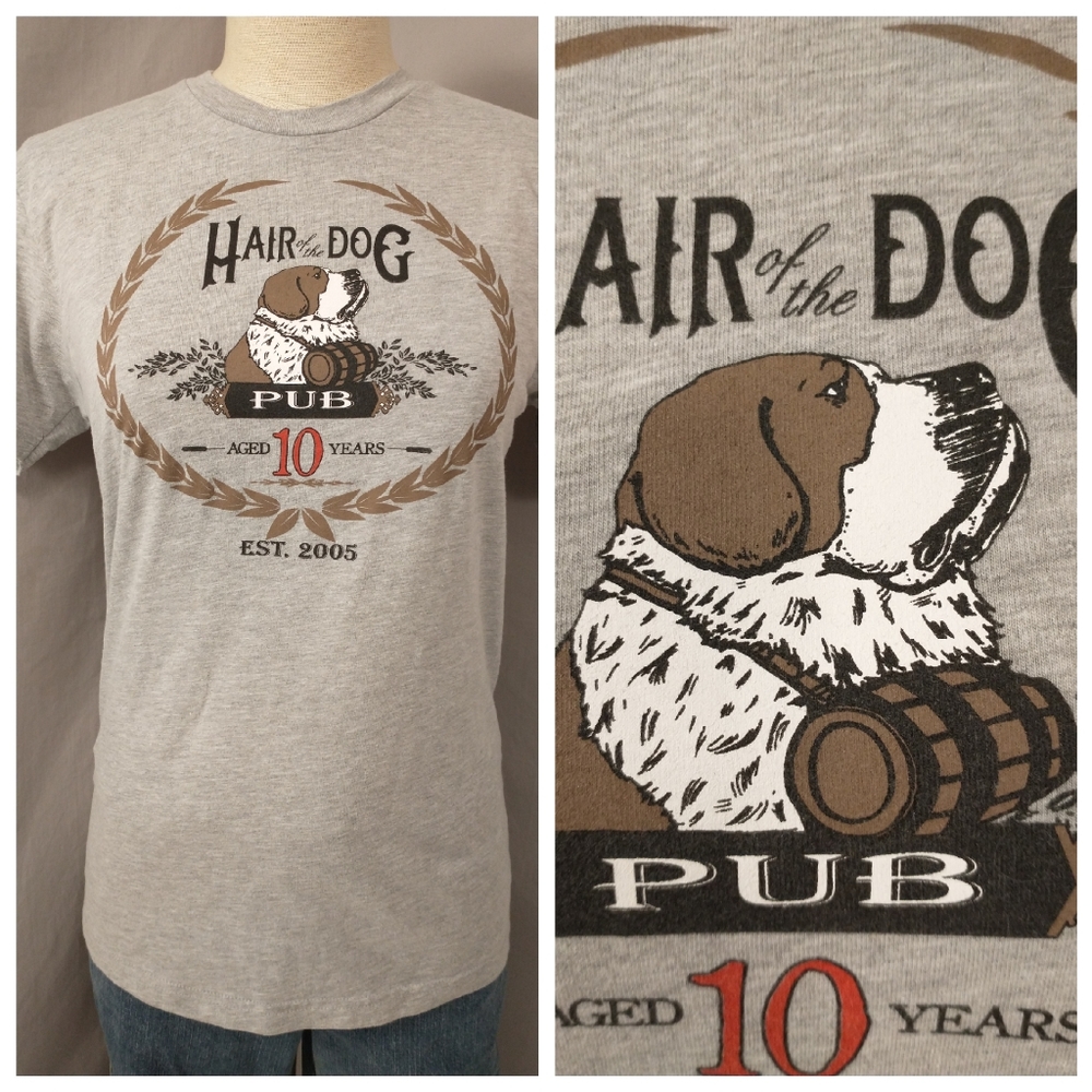 Hair of The Dog Pub Tee Graphic T Shirt Heather Gray Cotton w Saint Bernard